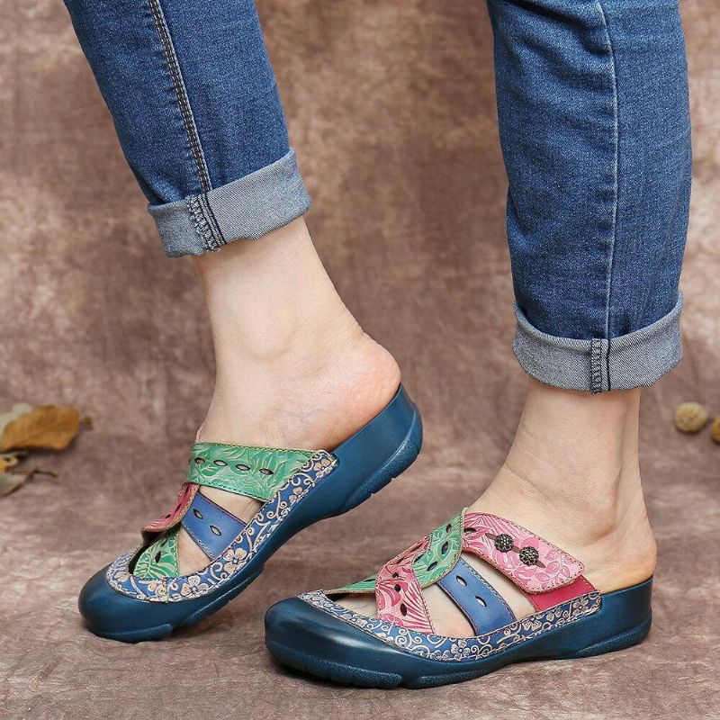 Bohemia Cutout Pustende Color Block Backless Slip On Flat Sandaler