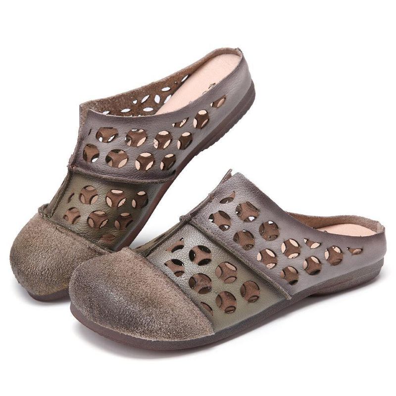 Distressed Leather Burnished Cutout Splicing Flat Mules Clogs Slip-On Sandaler