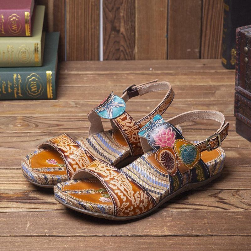 Retro Flower Printing Leather Comfy Flat Stripe Sandaler