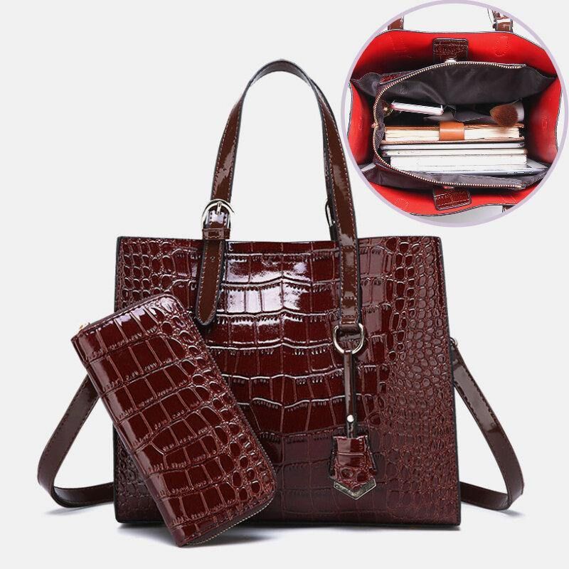 Kvinner 2 Stk Alligator Pu Multi-Lomme Håndveske Med Stor Kapasitet Crossbody Bag Tote