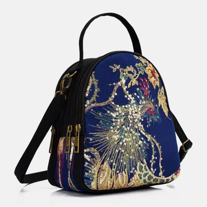 Kvinner Lerret Etnisk Stil Broderi Påfuglmønster Paljett Mini Multi-Bære Håndveske Crossbody Bag