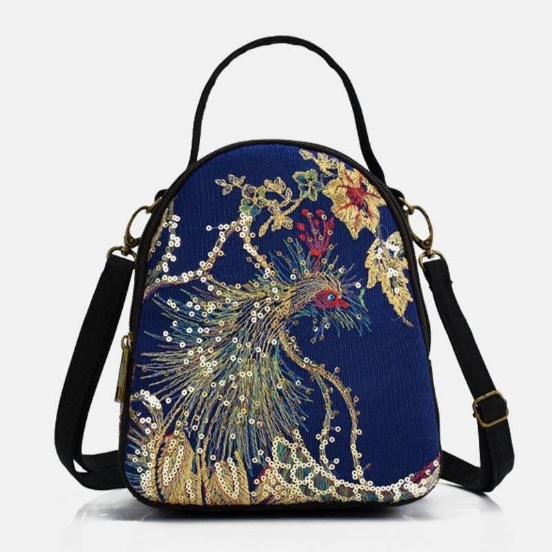 Kvinner Lerret Etnisk Stil Broderi Påfuglmønster Paljett Mini Multi-Bære Håndveske Crossbody Bag