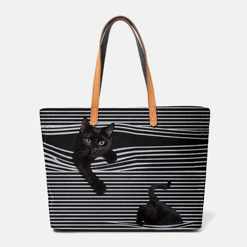 Kvinner Lerret Stripe Med Stor Kapasitet Tredimensjonal Herreional Cartoon Cute Cat Håndveske Skulderveske Tote