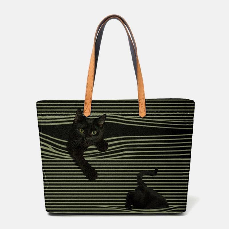 Kvinner Lerret Stripe Med Stor Kapasitet Tredimensjonal Herreional Cartoon Cute Cat Håndveske Skulderveske Tote