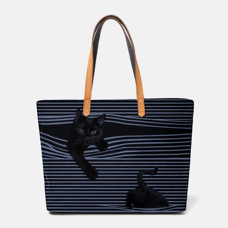 Kvinner Lerret Stripe Med Stor Kapasitet Tredimensjonal Herreional Cartoon Cute Cat Håndveske Skulderveske Tote