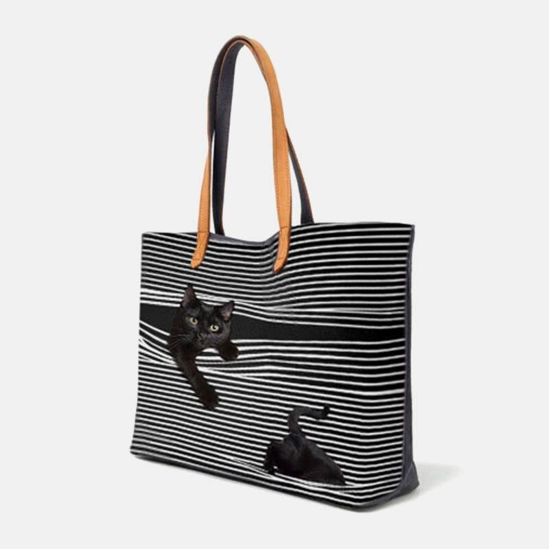 Kvinner Lerret Stripe Med Stor Kapasitet Tredimensjonal Herreional Cartoon Cute Cat Håndveske Skulderveske Tote