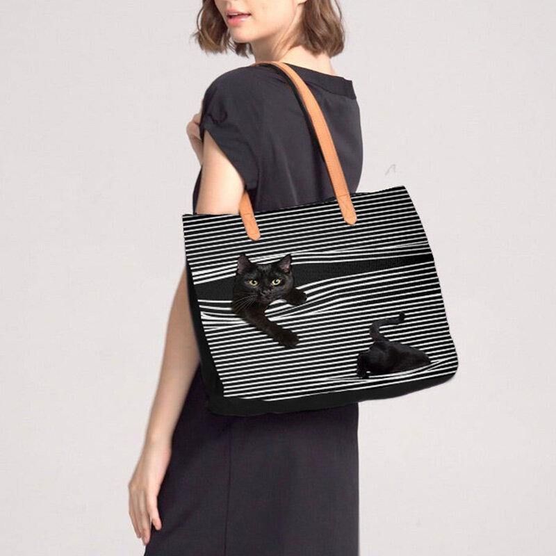 Kvinner Lerret Stripe Med Stor Kapasitet Tredimensjonal Herreional Cartoon Cute Cat Håndveske Skulderveske Tote