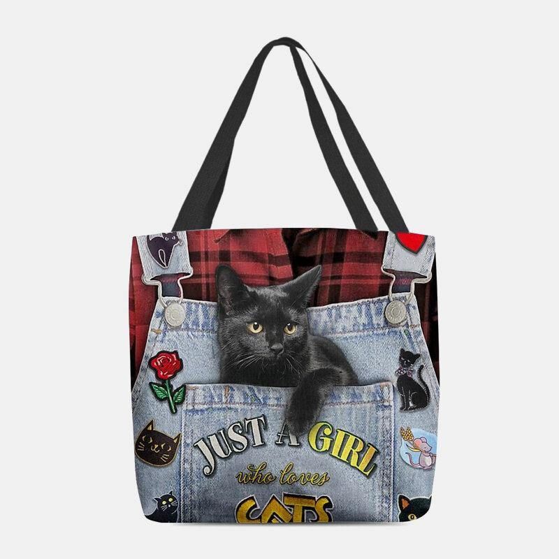 Kvinner Lerret Tre-Dimensjonal Herreional 3D Cute Black Cat Handbag Tote Skulderveske