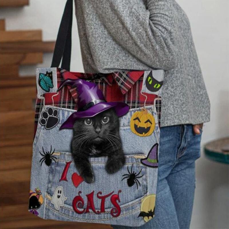 Magisk Hatt I Lerret For Kvinner Tredimensjonal 3D Cute Black Cat Handbag Tote Skulderveske