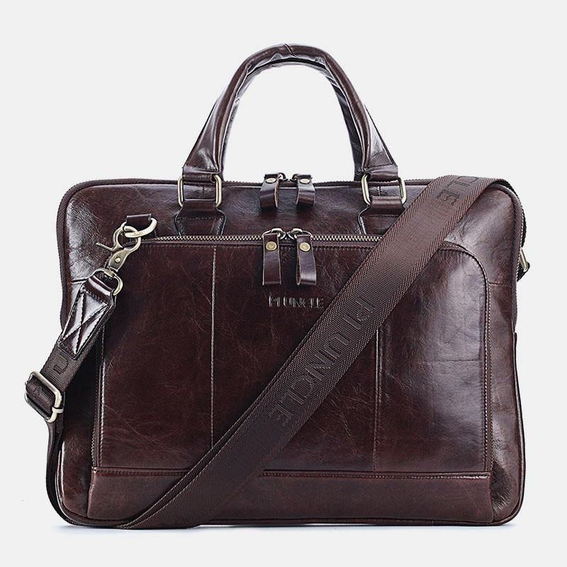 Menn Ekte Skinn Med Stor Kapasitet Business Bag 14-Tommers Computermessenger Bag