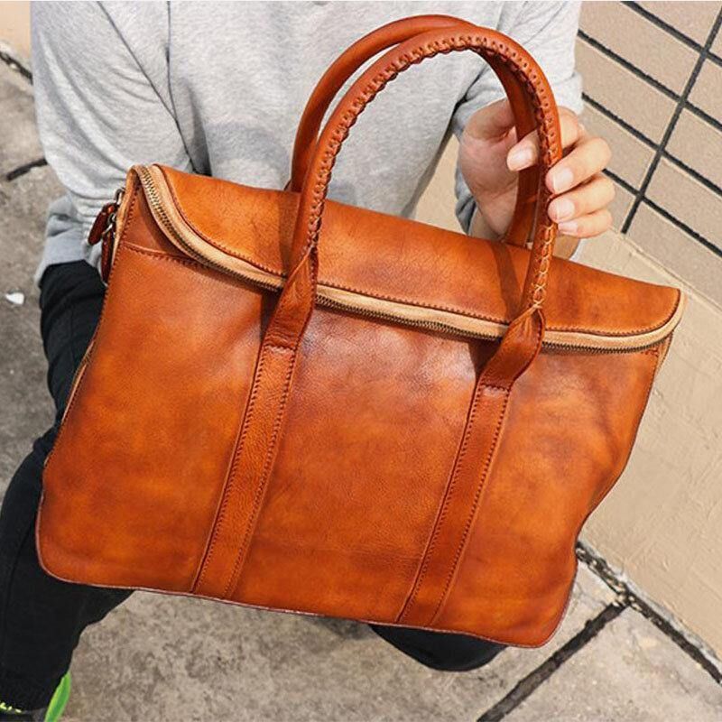 Menn Ekte Skinn Retro Multi-Lomme 15.6 Tommers Bærbar Veske Koffert Business Handbag Crossbody Bag