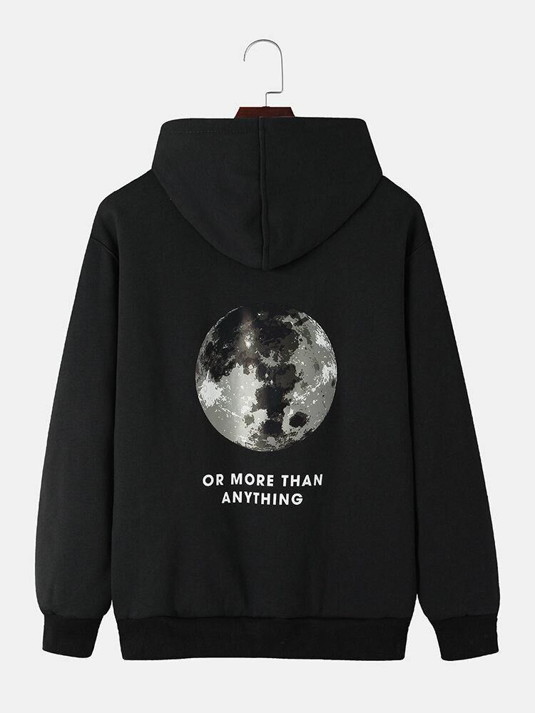 Herre Back Moon Graphic Slogan Plysjfôret Hettegensere Med Snøring I Varm Bomull