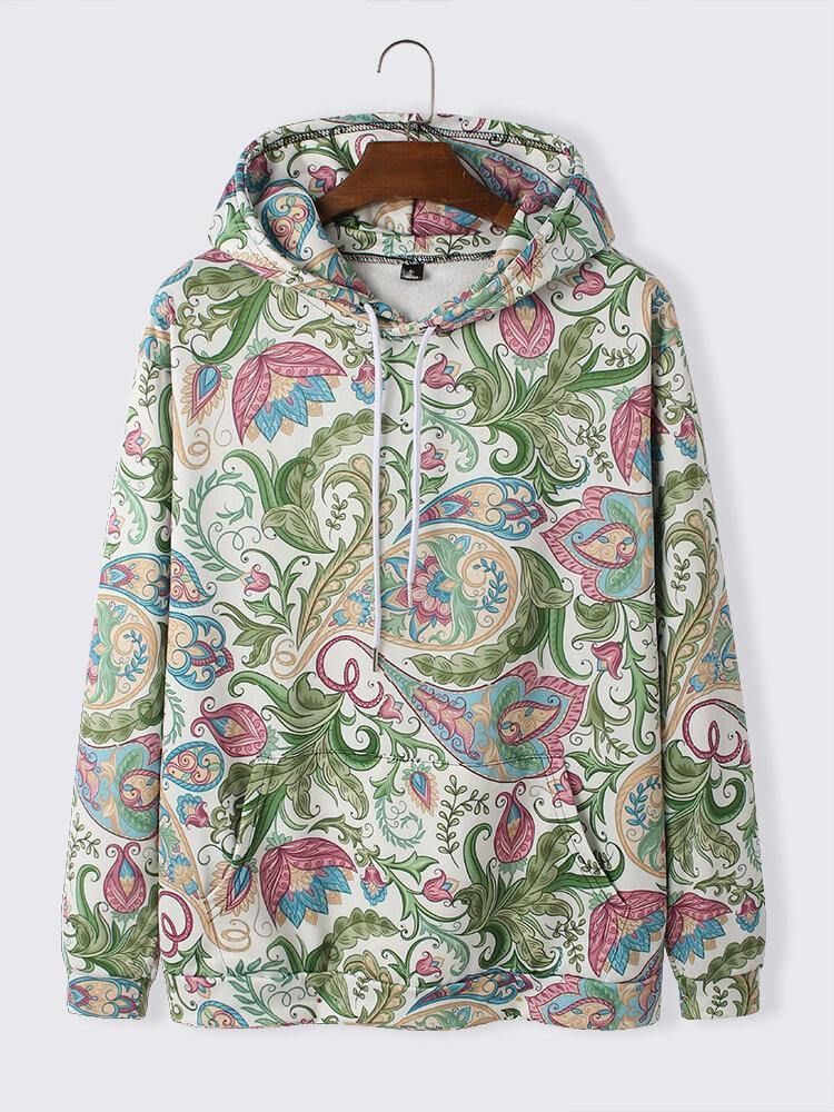 Herre Paisley Print Kangaroo Pocket Langermet Hettegensere