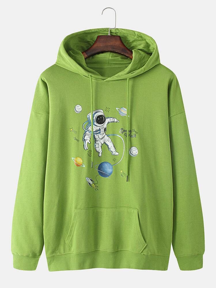 Herre Planet Astronaut Print Cotton Overhead Hettegensere Med Kengurulomme