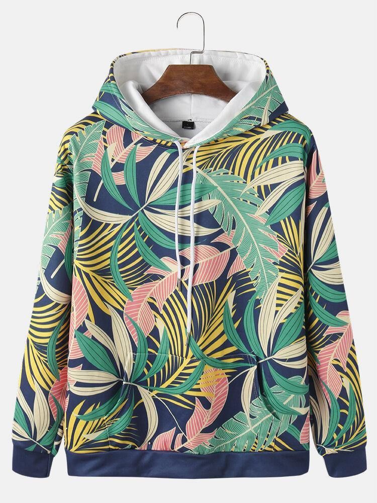 Menns All Over Plant Leaf Print Hettegensere Med Snøring Med Lomme