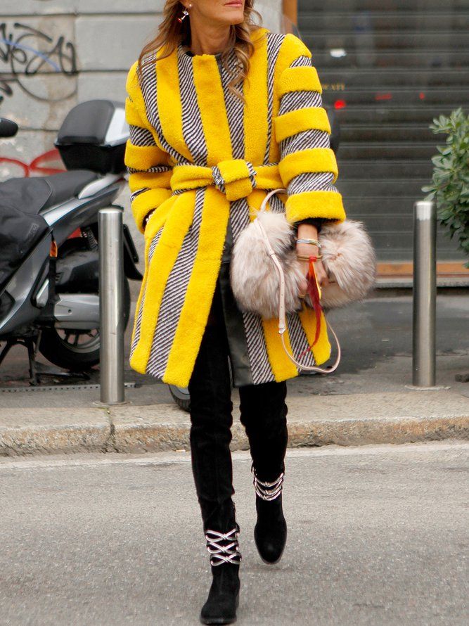 Crew Neck Langermet Color Block Teddy Coat