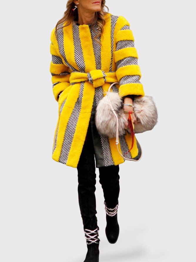 Crew Neck Langermet Color Block Teddy Coat