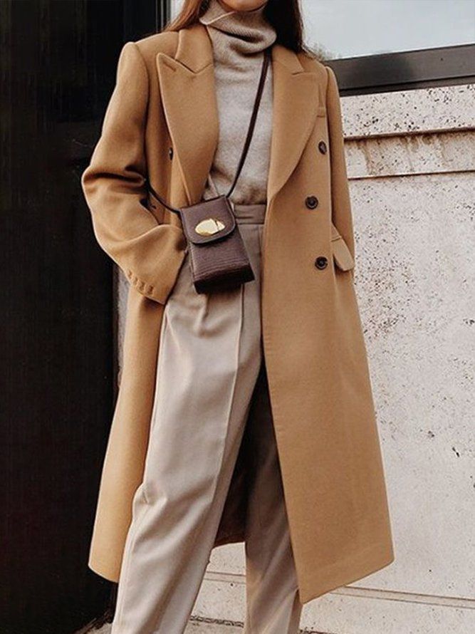 Khaki Daily Langermet Lapel Collar Urban Plain Overcoat