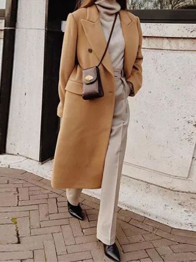 Khaki Daily Langermet Lapel Collar Urban Plain Overcoat