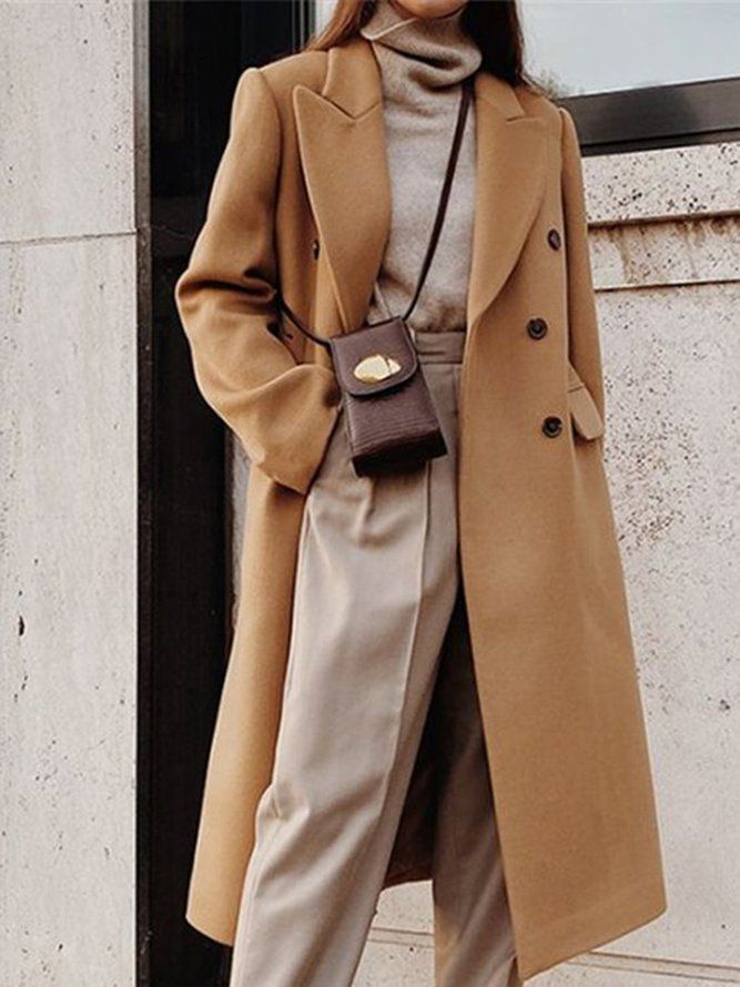 Khaki Daily Langermet Lapel Collar Urban Plain Overcoat