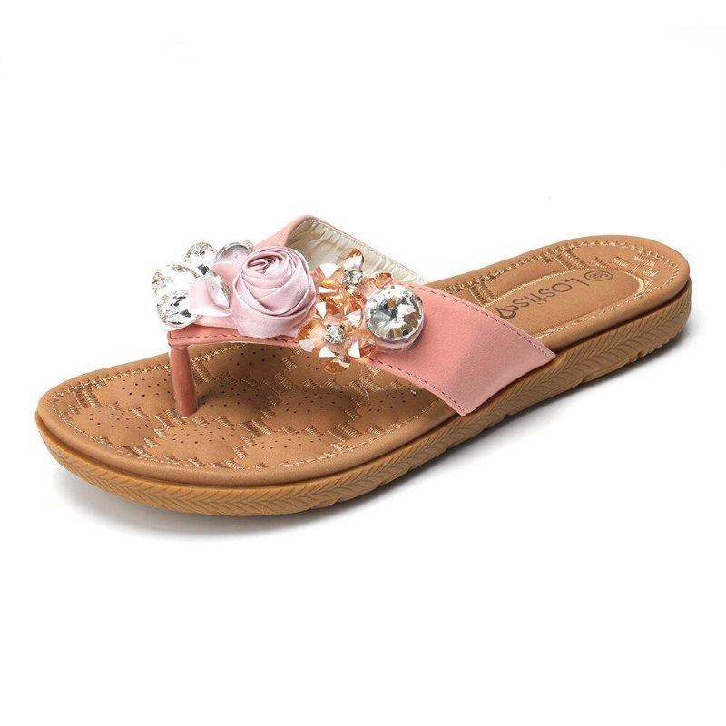 Kvinner Strandblomster Rhinestone Clip Toe Tøfler