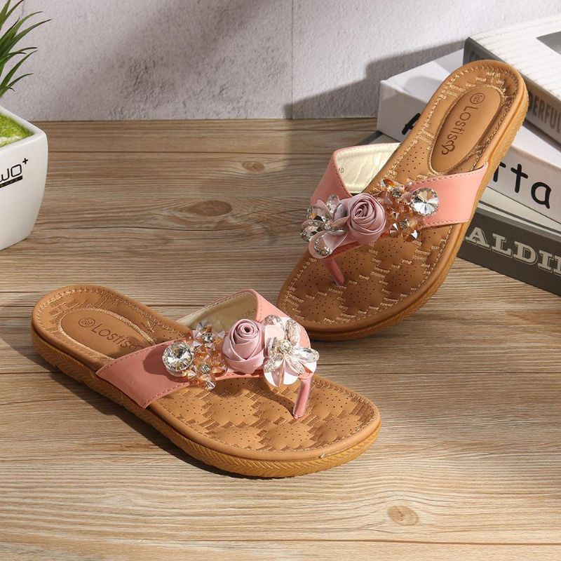 Kvinner Strandblomster Rhinestone Clip Toe Tøfler