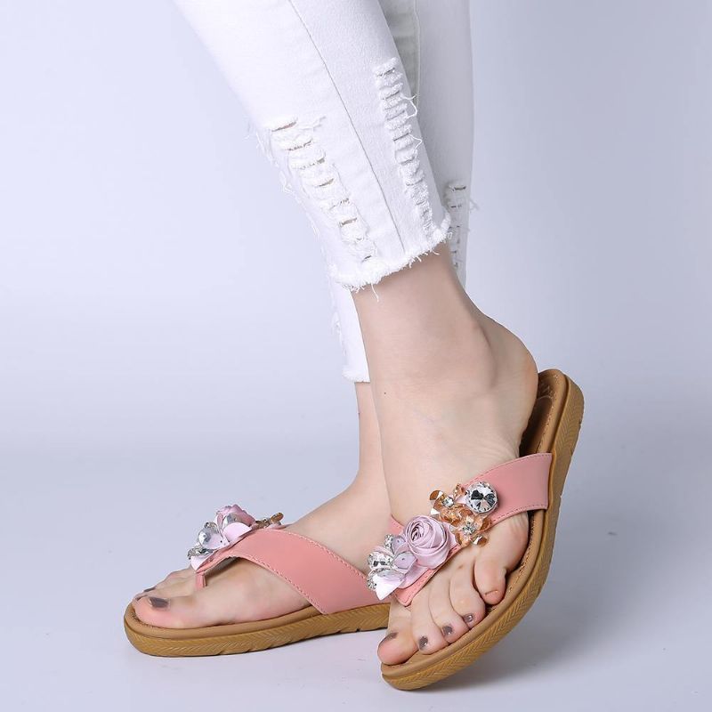 Kvinner Strandblomster Rhinestone Clip Toe Tøfler