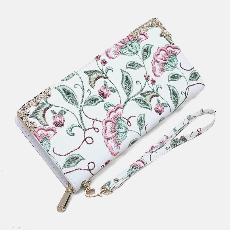 Kvinner Pu-Skinn Blomsterbroderimønster Clutch-Lommebok Med Stor Kapasitet Kortholder