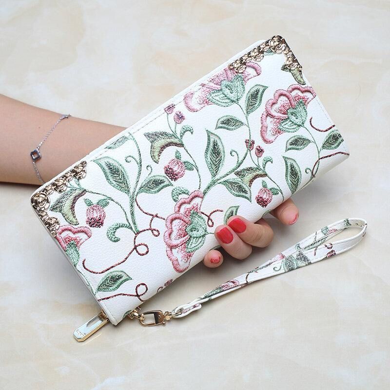 Kvinner Pu-Skinn Blomsterbroderimønster Clutch-Lommebok Med Stor Kapasitet Kortholder