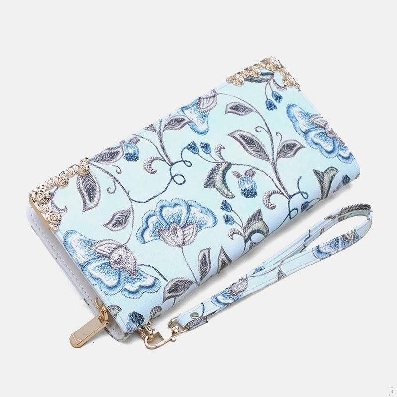 Kvinner Pu-Skinn Blomsterbroderimønster Clutch-Lommebok Med Stor Kapasitet Kortholder