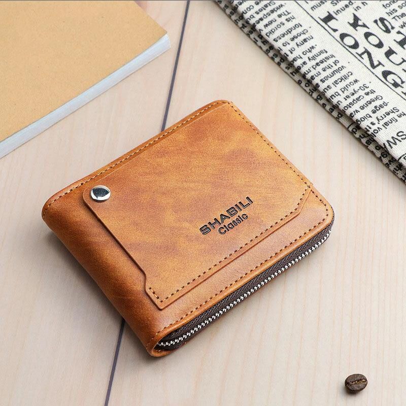 Menn Faux Leather Retro Classical Draw Card Slot Bifold Zipepr Kortholder Lommebok