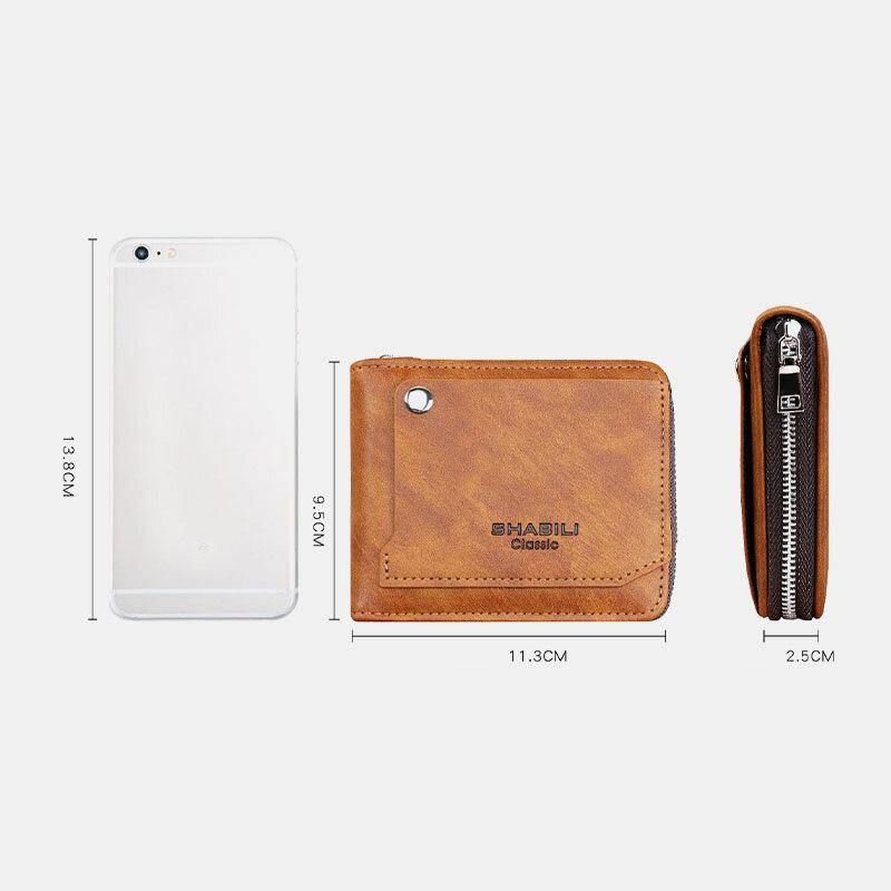 Menn Faux Leather Retro Classical Draw Card Slot Bifold Zipepr Kortholder Lommebok