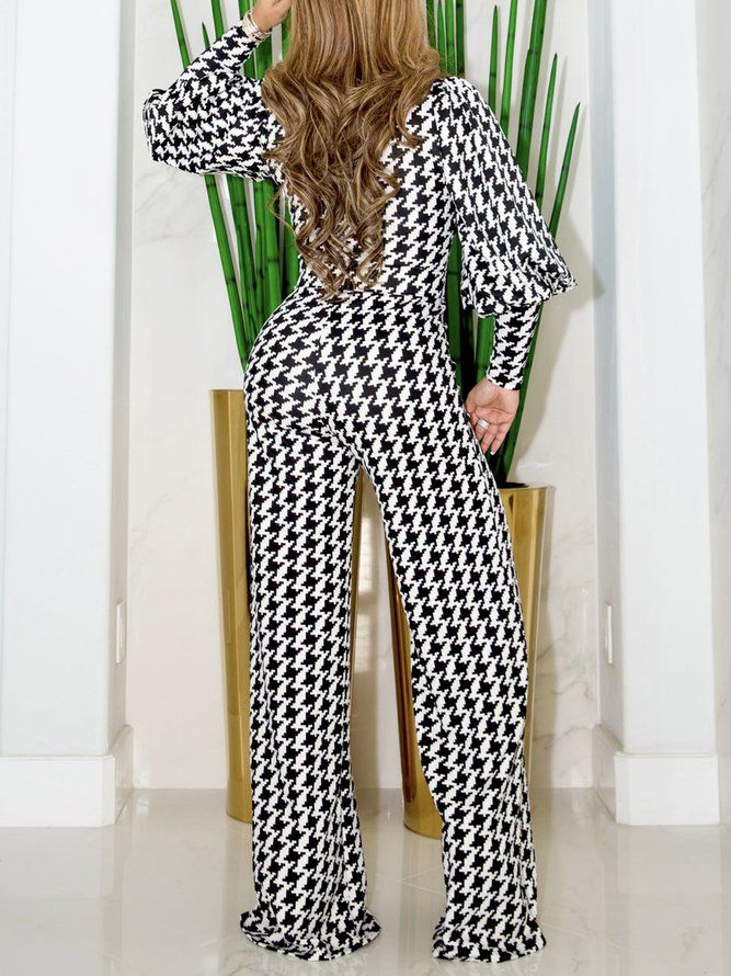 Urban Lantern Sleeve Houndstooth Halv Åpen Collar Jumpsuit