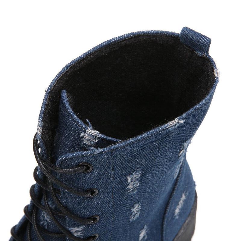 Dame Large Size Denim Rund Toe Lace-Up Chunky Heel Tooling Korte Støvler