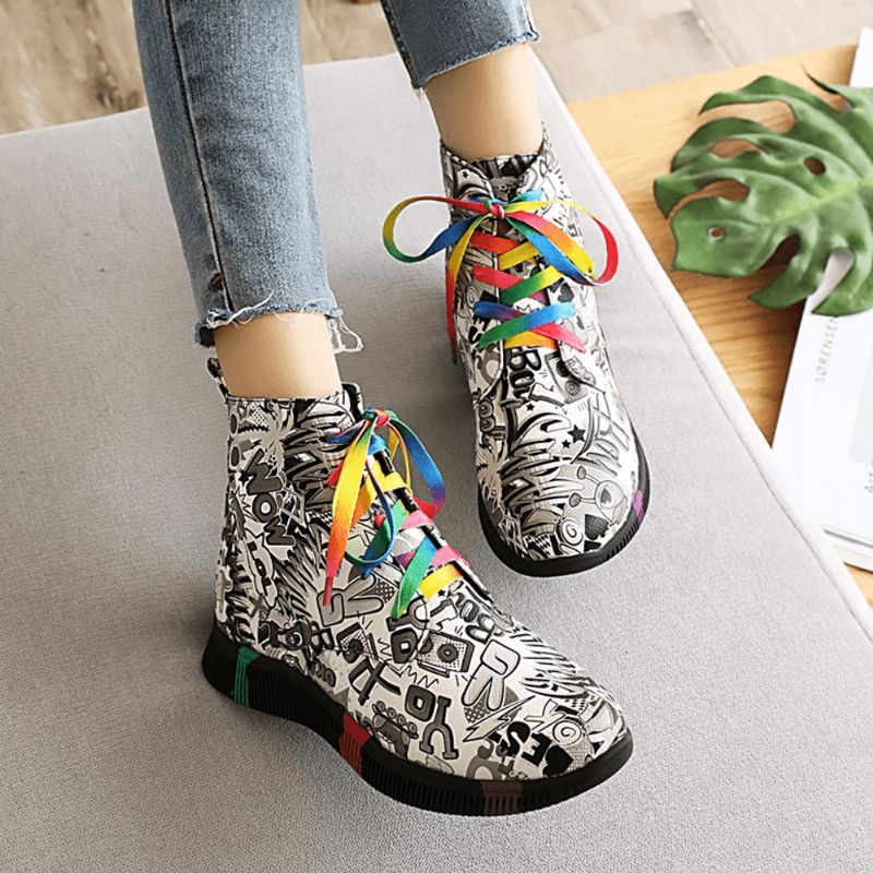 Kvinner Casual Letter Graffiti Printing Multicolor Snøring Korte Combat Boots