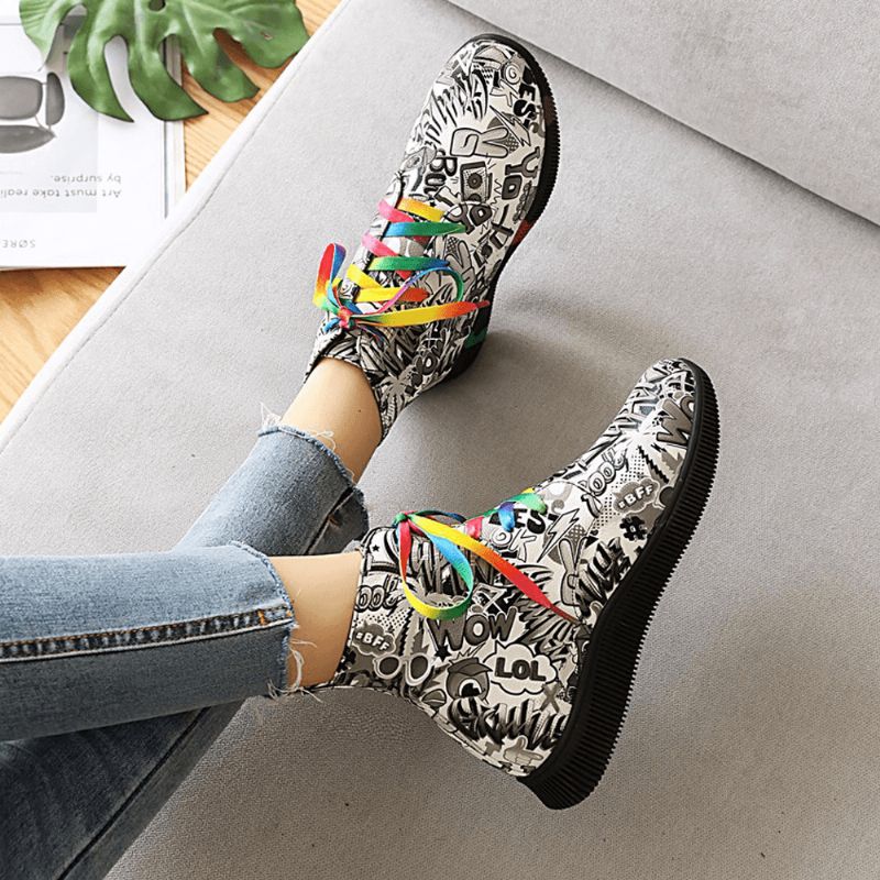 Kvinner Casual Letter Graffiti Printing Multicolor Snøring Korte Combat Boots