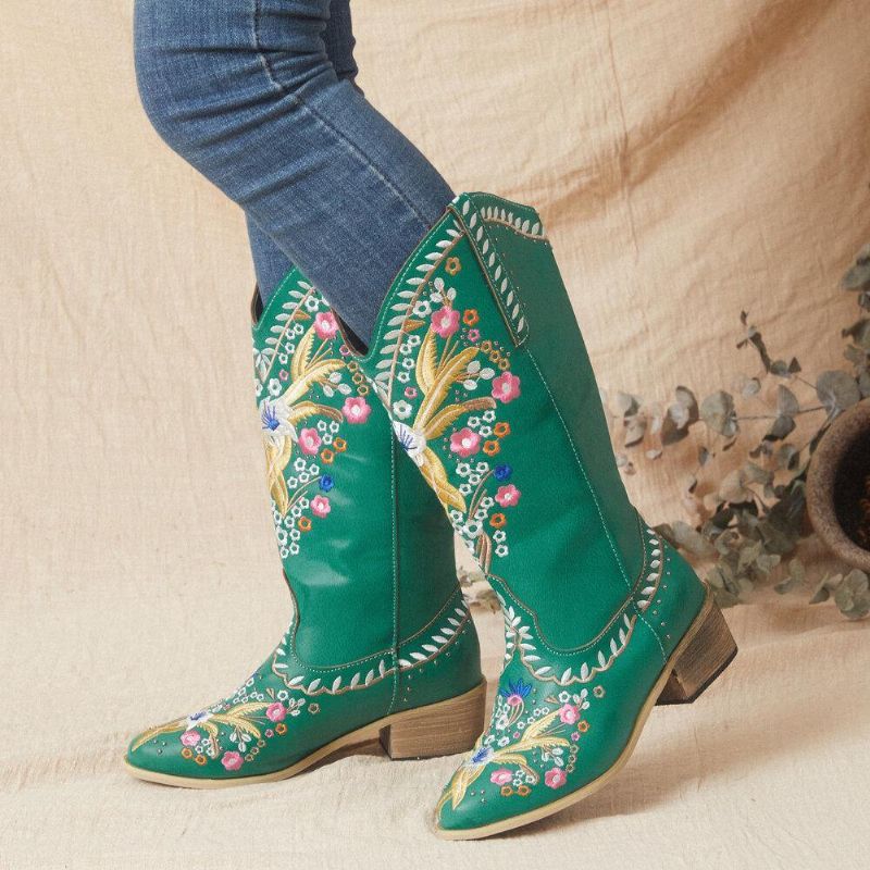 Kvinner Retro Blomstertrykk Bærbar Komfortabel Slip On Chunky Heel Cowboystøvler På Midten Av Leggen