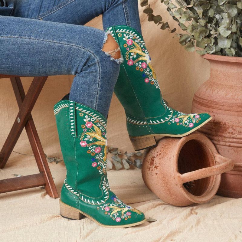 Kvinner Retro Blomstertrykk Bærbar Komfortabel Slip On Chunky Heel Cowboystøvler På Midten Av Leggen