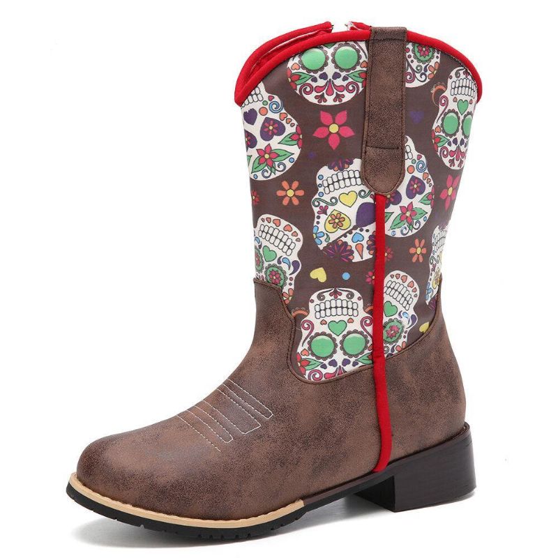 Kvinner Retro Flower Printing Spiss Toe Glidelås Mid-Calf Cowboy Boots