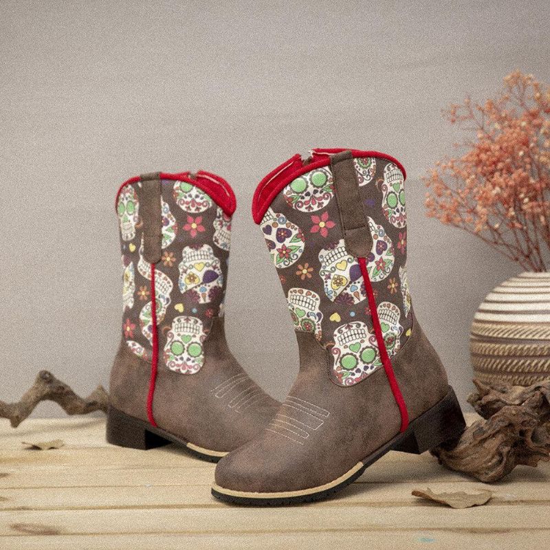 Kvinner Retro Flower Printing Spiss Toe Glidelås Mid-Calf Cowboy Boots