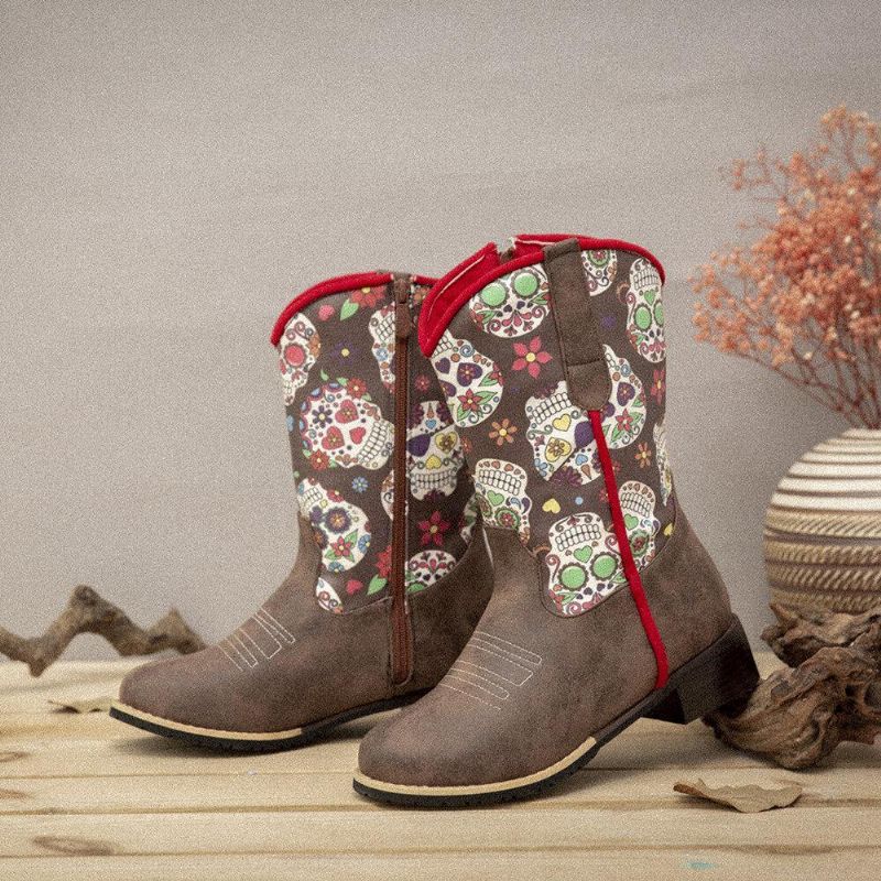 Kvinner Retro Flower Printing Spiss Toe Glidelås Mid-Calf Cowboy Boots