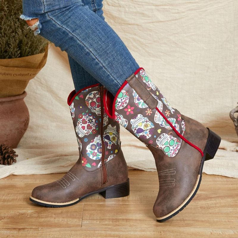 Kvinner Retro Flower Printing Spiss Toe Glidelås Mid-Calf Cowboy Boots