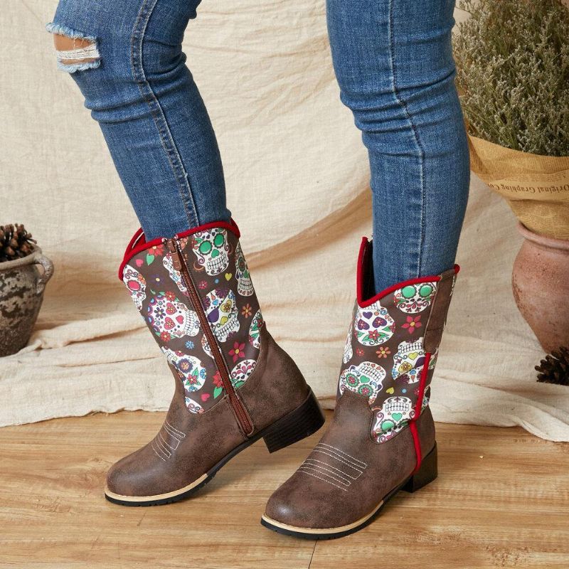 Kvinner Retro Flower Printing Spiss Toe Glidelås Mid-Calf Cowboy Boots