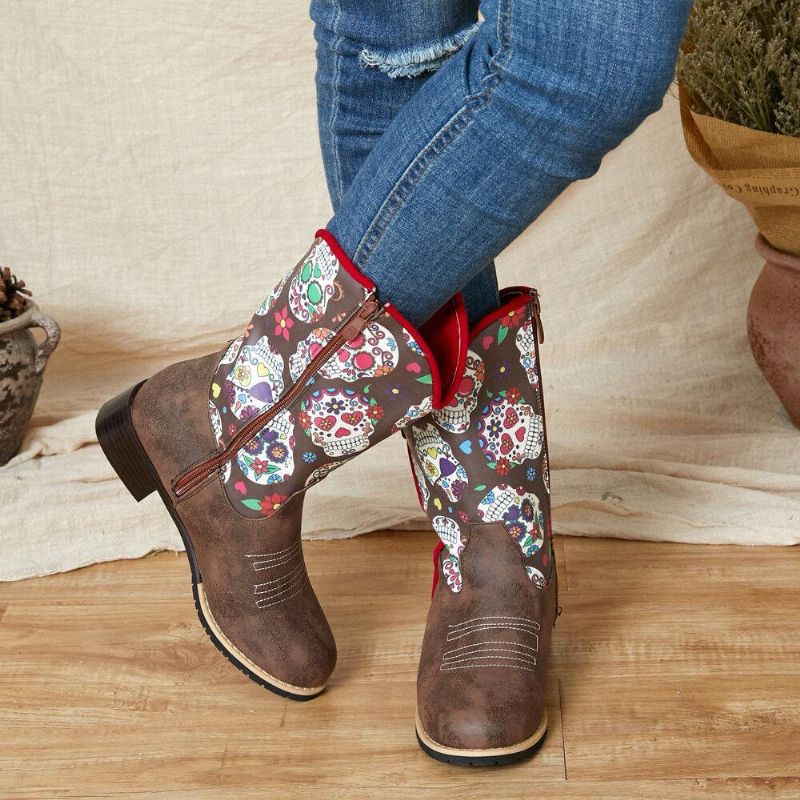 Kvinner Retro Flower Printing Spiss Toe Glidelås Mid-Calf Cowboy Boots