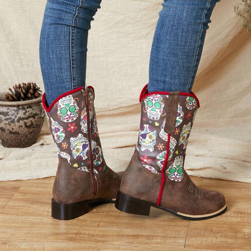 Kvinner Retro Flower Printing Spiss Toe Glidelås Mid-Calf Cowboy Boots