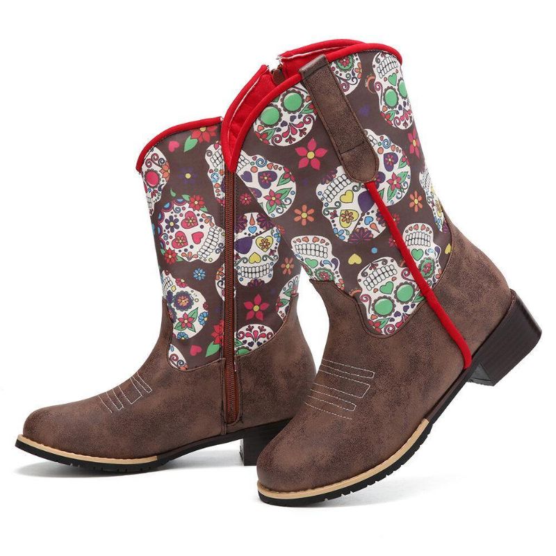 Kvinner Retro Flower Printing Spiss Toe Glidelås Mid-Calf Cowboy Boots