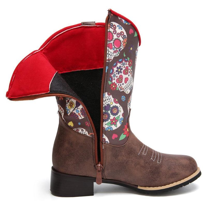 Kvinner Retro Flower Printing Spiss Toe Glidelås Mid-Calf Cowboy Boots