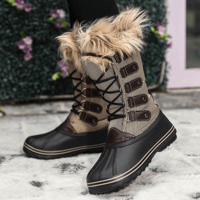 Kvinner Solid Furry Varm Sklibestandig Cross Strap Mid Calf Snow Boots