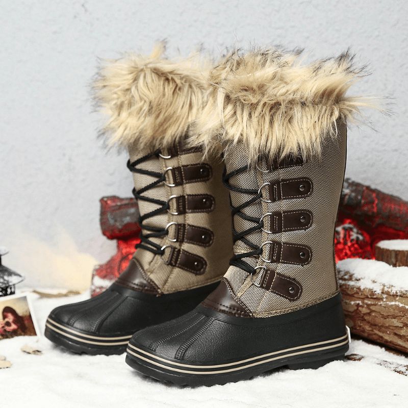 Kvinner Solid Furry Varm Sklibestandig Cross Strap Mid Calf Snow Boots