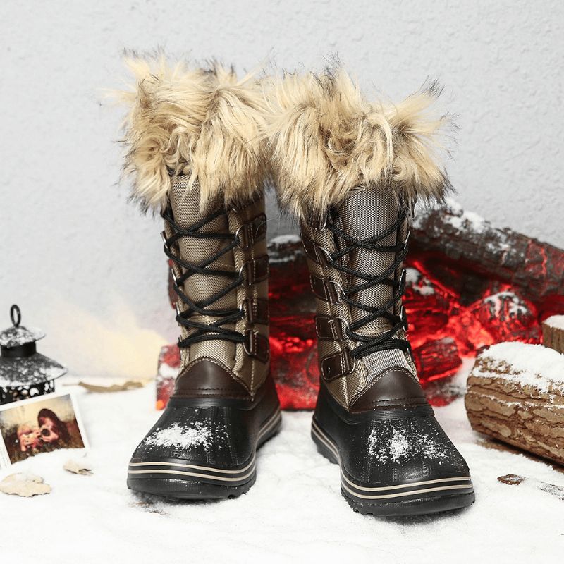 Kvinner Solid Furry Varm Sklibestandig Cross Strap Mid Calf Snow Boots